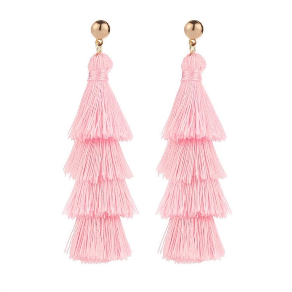 โ๏ธ 3/$15 ๐ Pink Tiered Tassel Fringe Gold Stud Earrings Festival Bohemian - Picture 1 of 9
